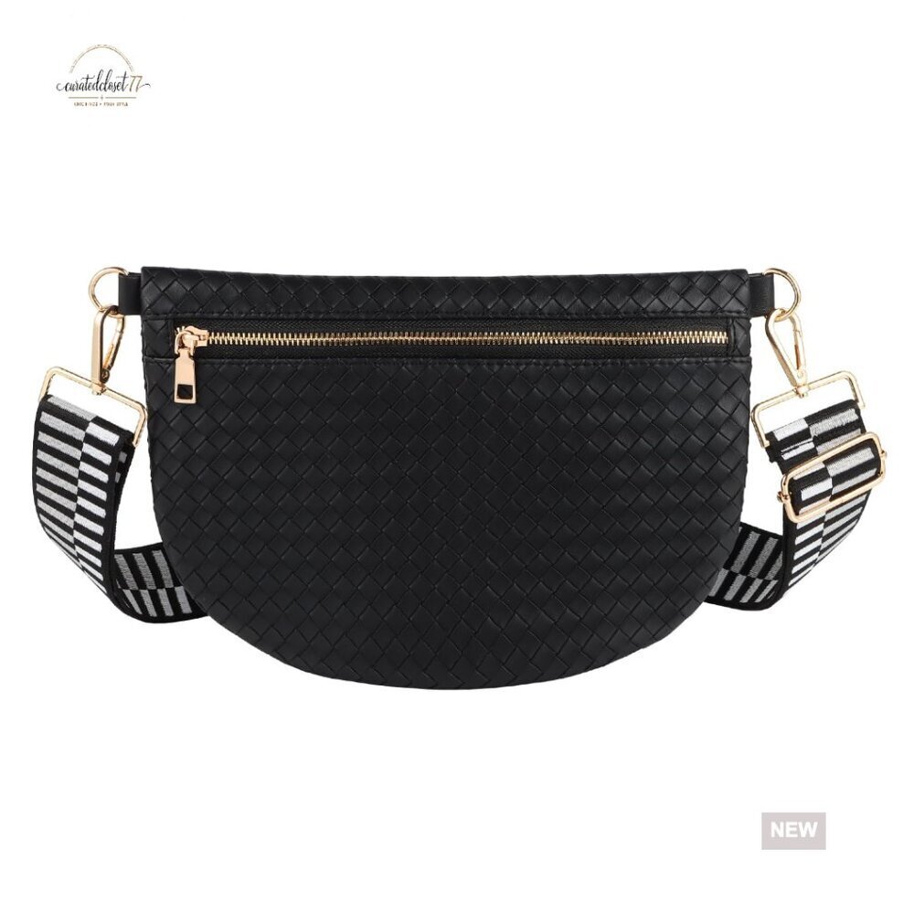 Woven Leather Crossbody Fanny Pack Waist Bag Adjustable Strap Water Resistant
